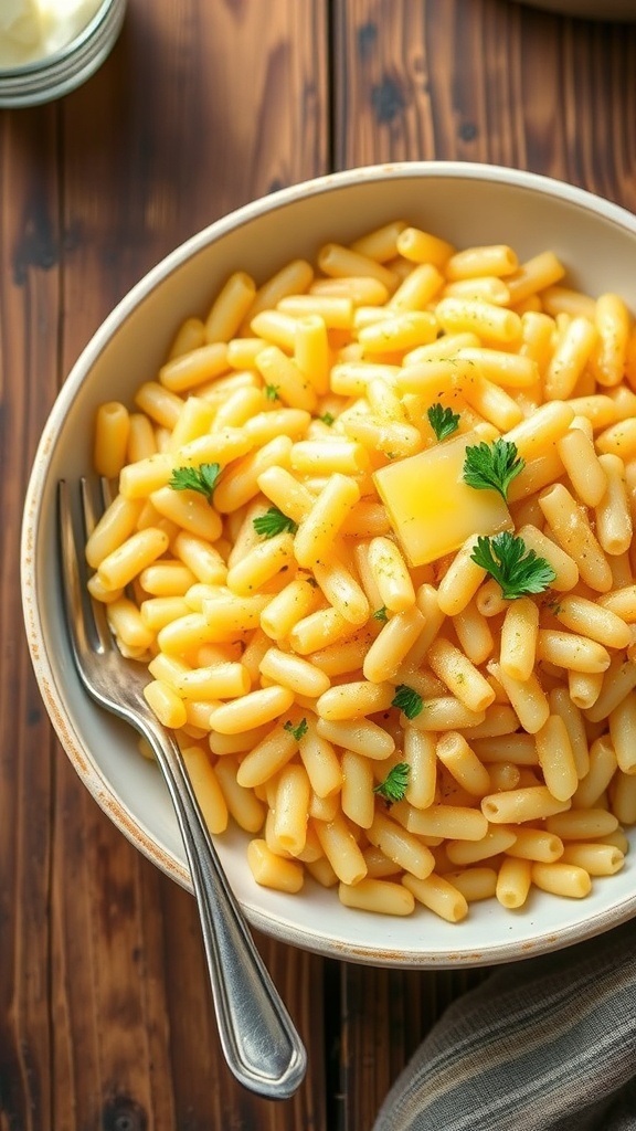 A bowl of buttery orzo pasta with parsley on a rustic table.